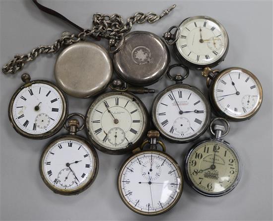 Ten assorted pocket watches including seven silver and a silver albert.